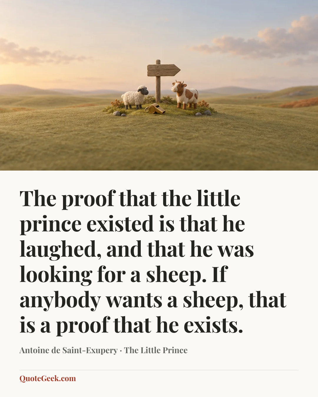 “The proof that the little prince existed is that he laughed, and that he was looking for a sheep. If anybody wants a sheep, that is a proof that he exists.” — Antoine de Saint-Exupery · The Little Prince. Illustrated QuoteGeek card.