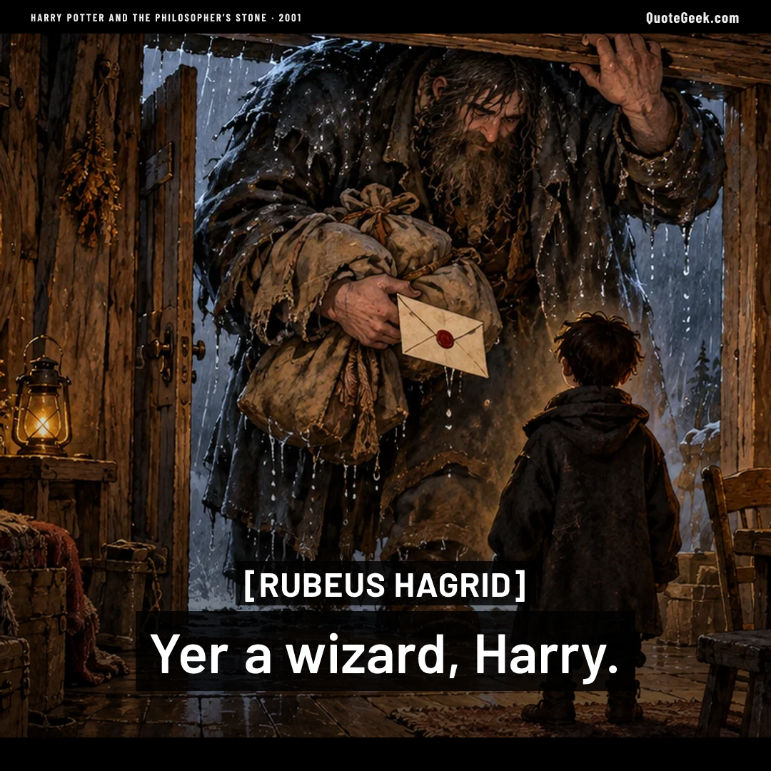 “Yer a wizard, Harry.” — Rubeus Hagrid · Harry Potter and the Philosopher's Stone. Illustrated QuoteGeek card.
