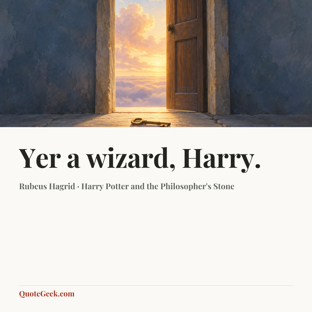 “Yer a wizard, Harry.” — Rubeus Hagrid · Harry Potter and the Philosopher's Stone. Illustrated QuoteGeek card.