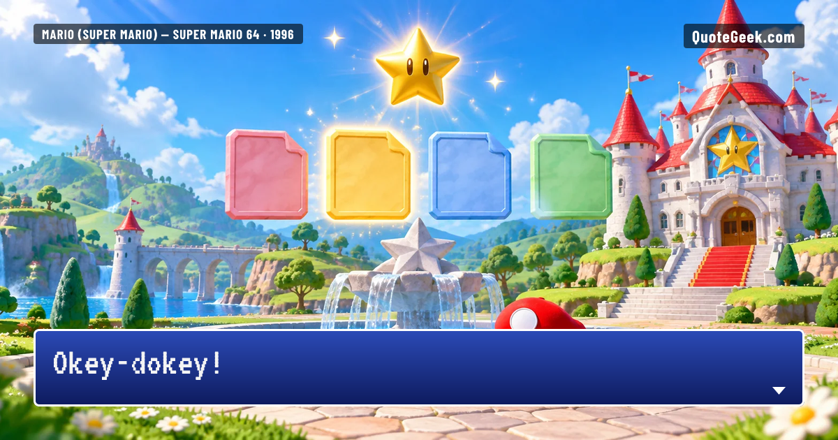 “Okey-dokey!” — Mario (Super Mario) · Super Mario 64. Illustrated QuoteGeek card.