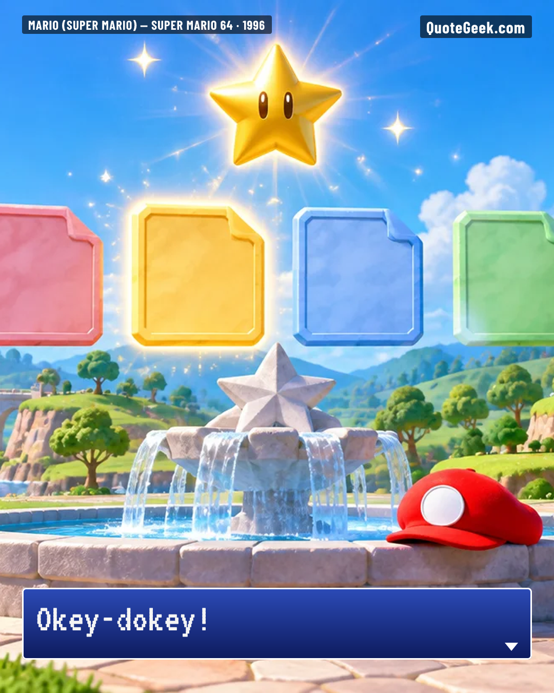 “Okey-dokey!” — Mario (Super Mario) · Super Mario 64. Illustrated QuoteGeek card.