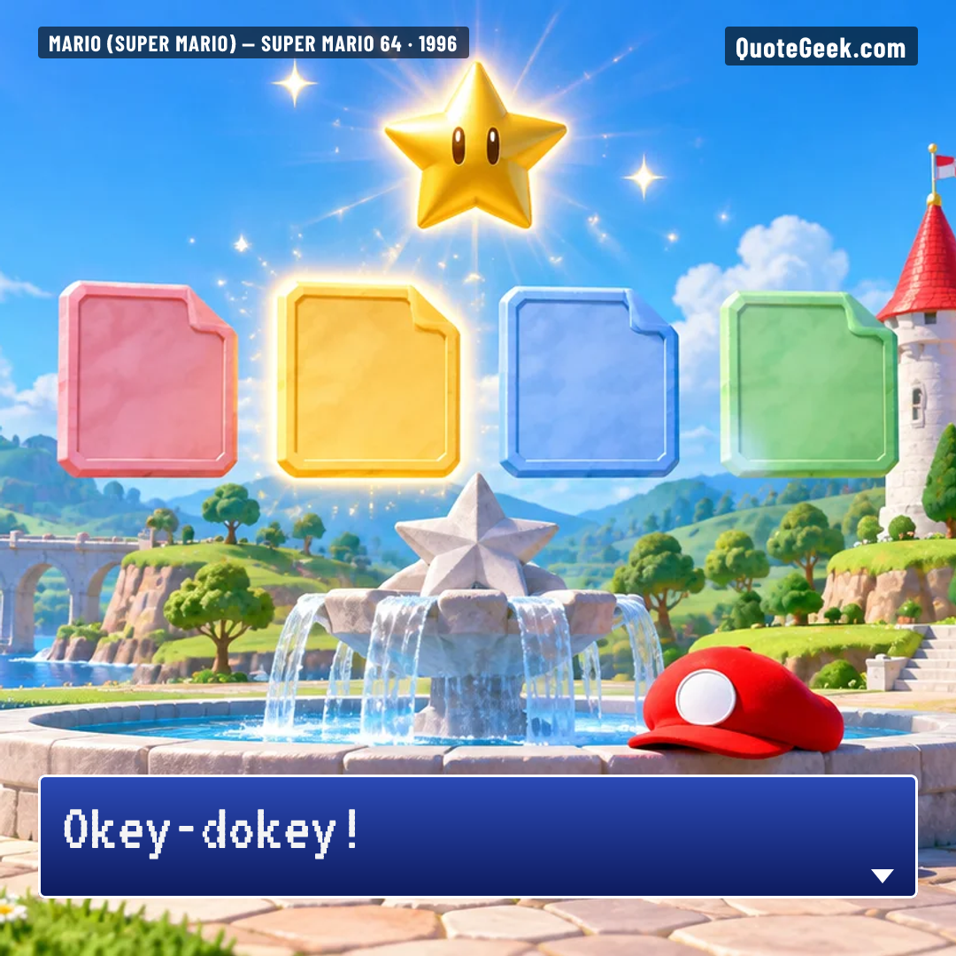 “Okey-dokey!” — Mario (Super Mario) · Super Mario 64. Illustrated QuoteGeek card.
