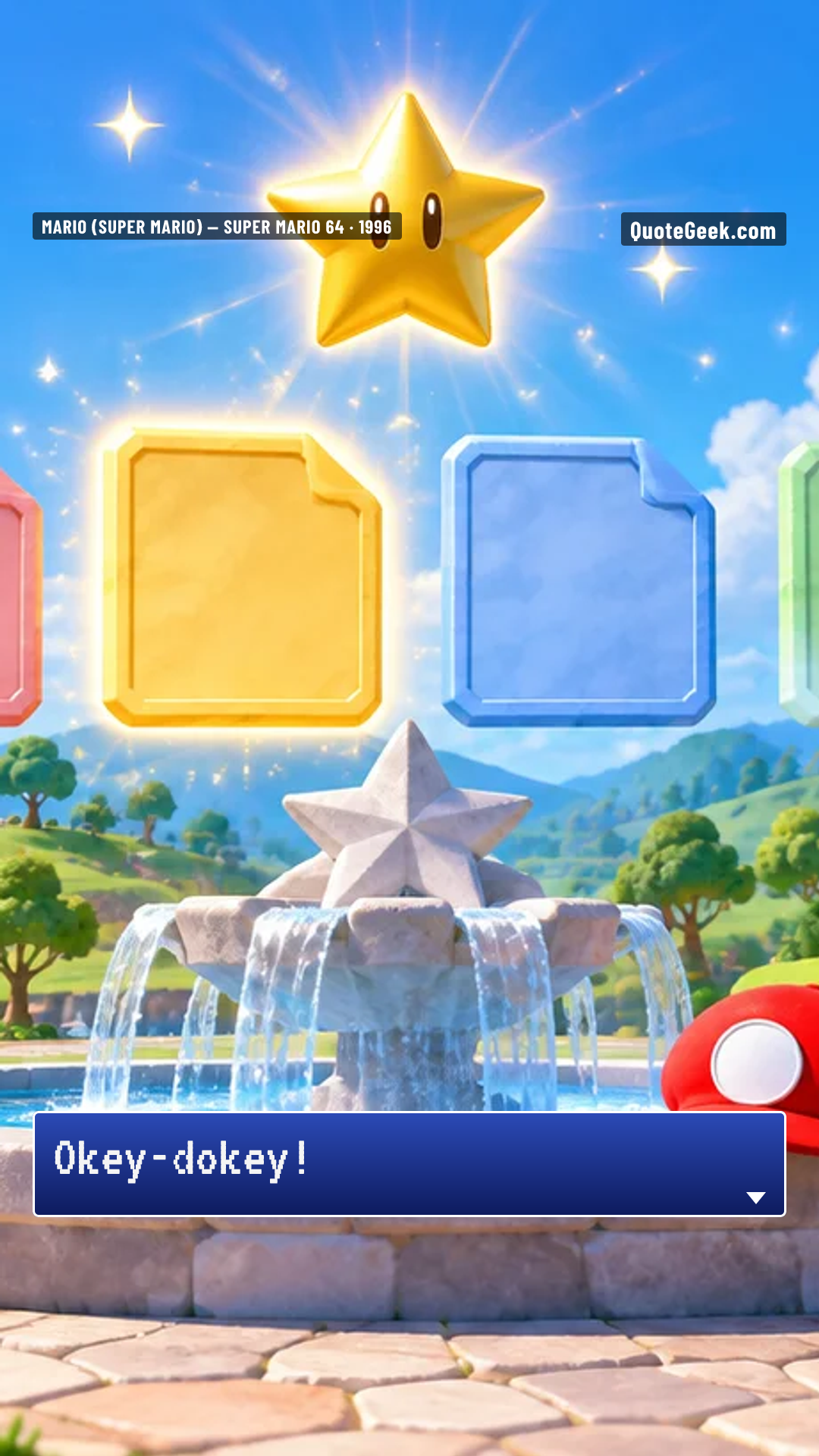“Okey-dokey!” — Mario (Super Mario) · Super Mario 64. Illustrated QuoteGeek card.