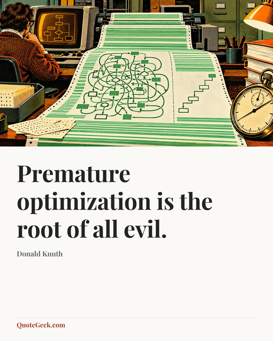 “Premature optimization is the root of all evil.” — Donald Knuth. Illustrated QuoteGeek card.