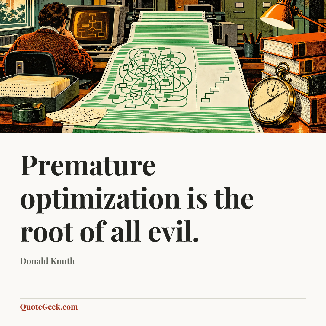 “Premature optimization is the root of all evil.” — Donald Knuth. Illustrated QuoteGeek card.