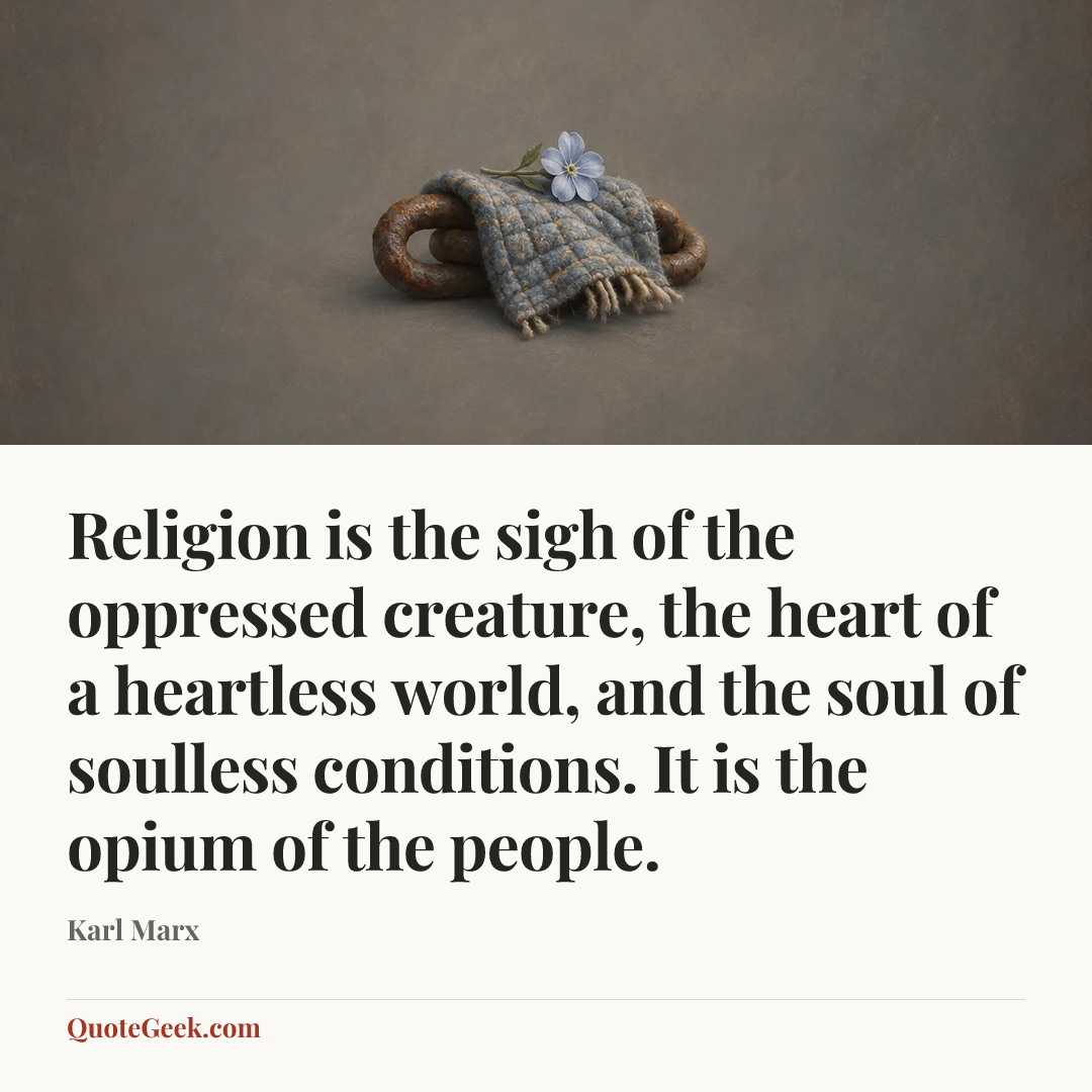 “Religion is the sigh of the oppressed creature, the heart of a heartless world, and the soul of soulless conditions. It is the opium of the people.” — Karl Marx. Illustrated QuoteGeek card.