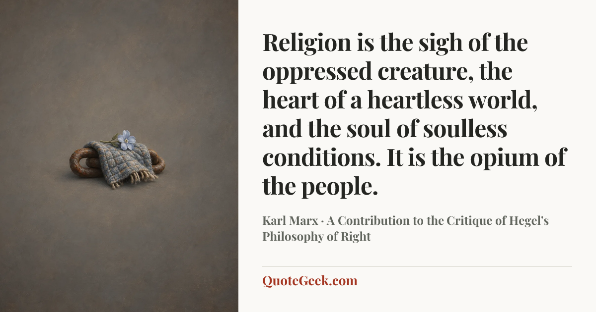 “Religion is the sigh of the oppressed creature, the heart of a heartless world, and the soul of soulless conditions. It is the opium of the people.” — Karl Marx · A Contribution to the Critique of Hegel's Philosophy of Right. Illustrated QuoteGeek card.