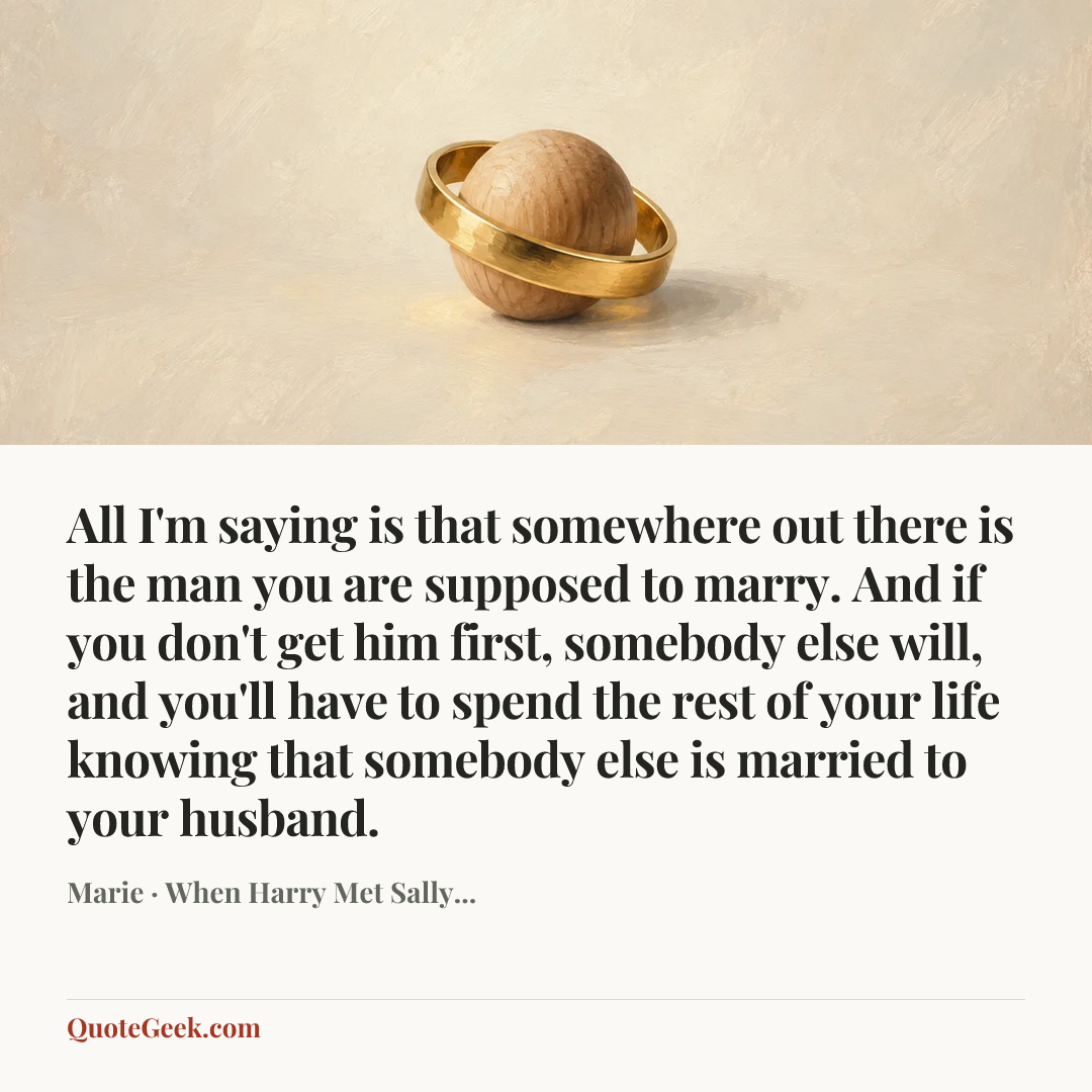 “All I'm saying is that somewhere out there is the man you are supposed to marry. And if you don't get him first, somebody else will, and you'll have to spend the rest of your life knowing that somebody else is married to your husband.” — Marie · When Harry Met Sally.... Illustrated QuoteGeek card.