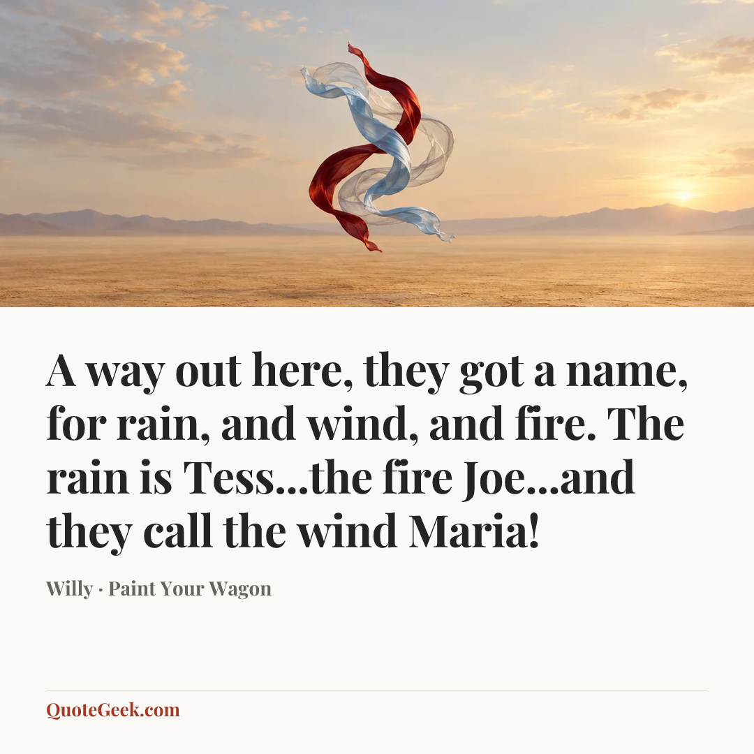 “A way out here, they got a name, for rain, and wind, and fire. The rain is Tess...the fire Joe...and they call the wind Maria!” — Willy · Paint Your Wagon. Illustrated QuoteGeek card.