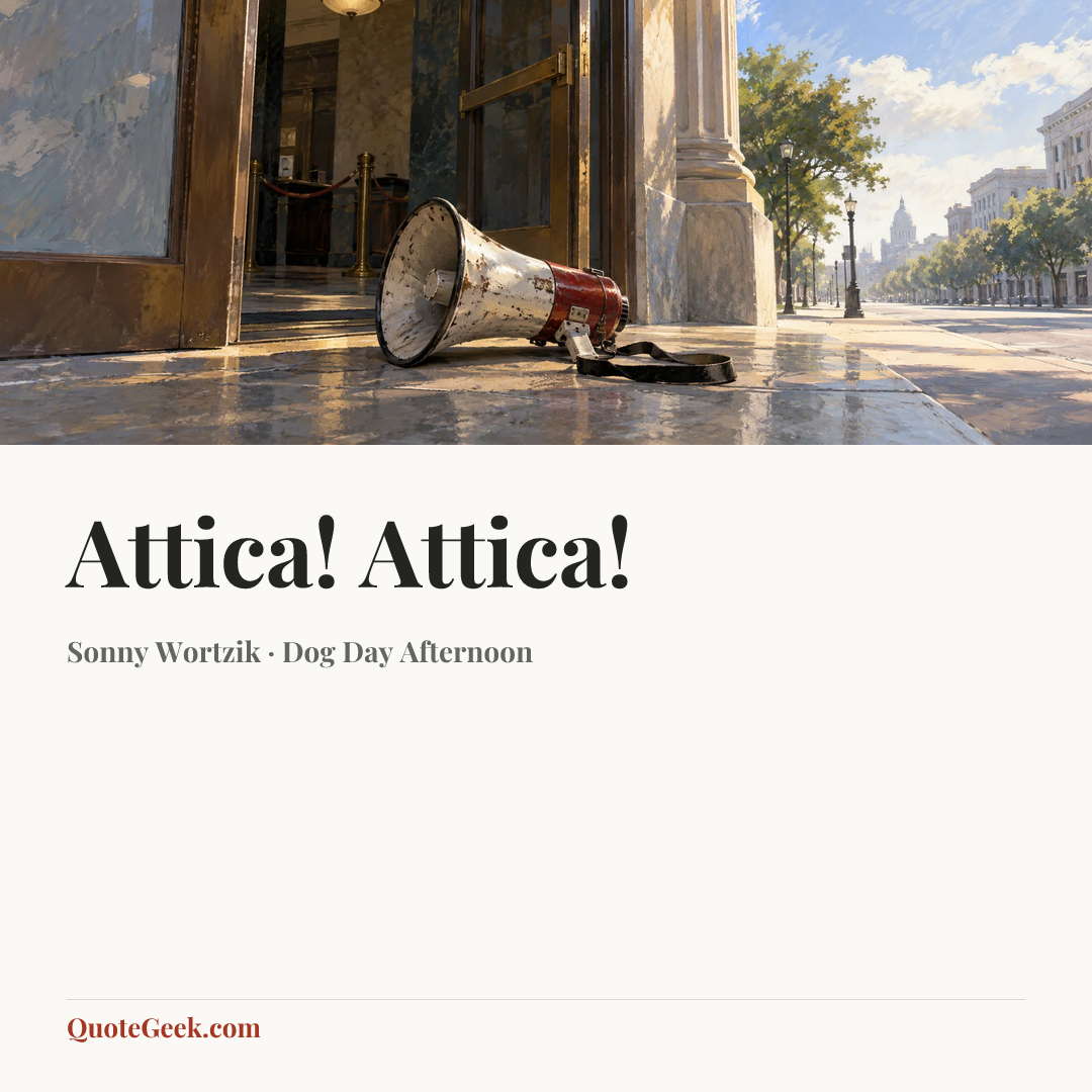 “Attica! Attica!” — Sonny Wortzik · Dog Day Afternoon. Illustrated QuoteGeek card.