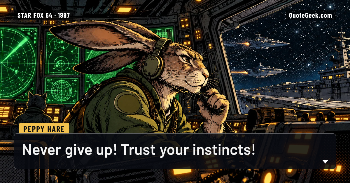 “Never give up! Trust your instincts!” — Peppy Hare · Star Fox 64. Illustrated QuoteGeek card.