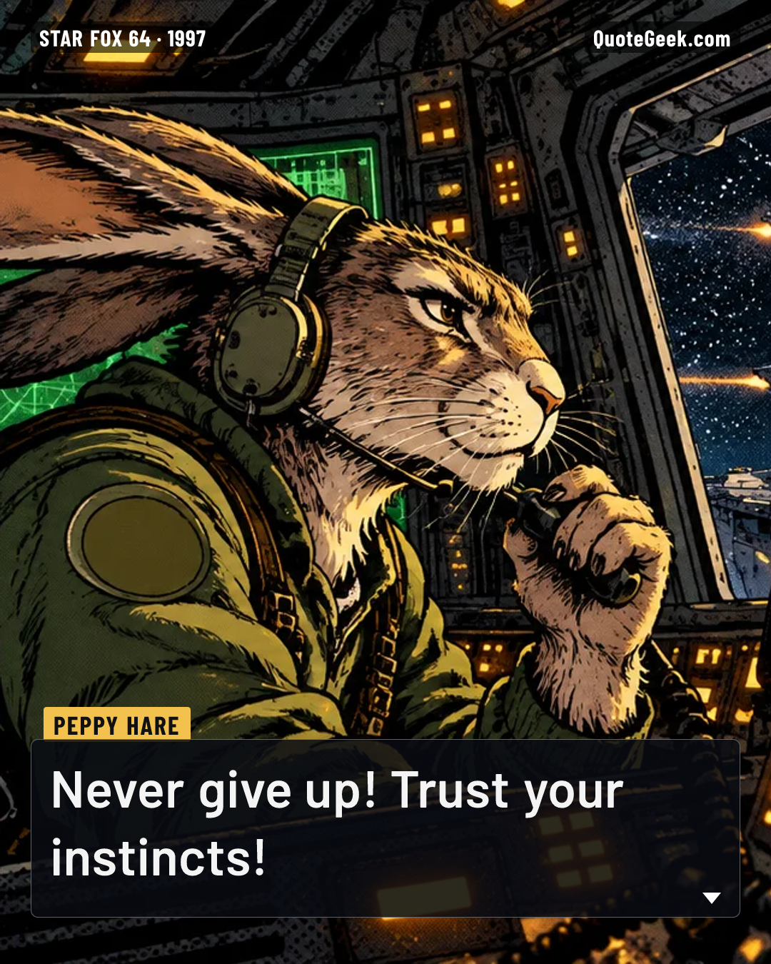 “Never give up! Trust your instincts!” — Peppy Hare · Star Fox 64. Illustrated QuoteGeek card.