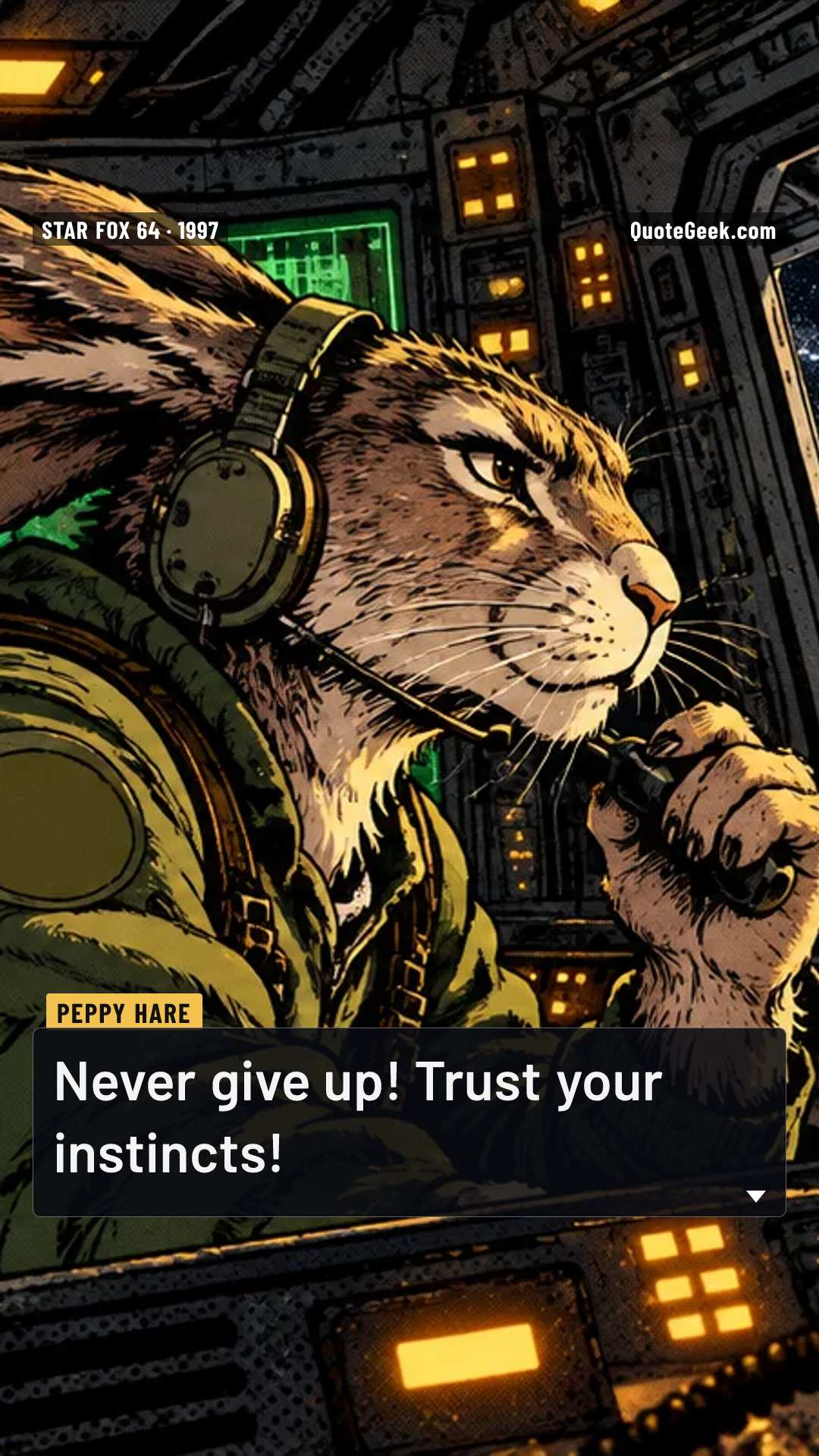 “Never give up! Trust your instincts!” — Peppy Hare · Star Fox 64. Illustrated QuoteGeek card.