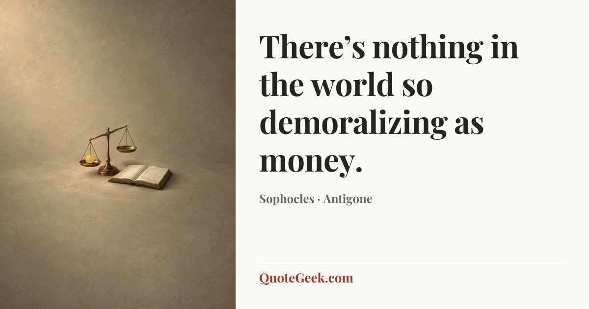 “There’s nothing in the world so demoralizing as money.” — Sophocles · Antigone. Illustrated QuoteGeek card.