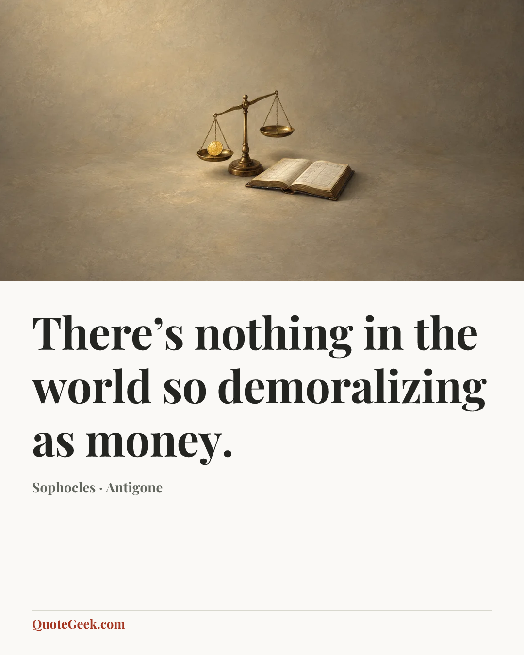 “There’s nothing in the world so demoralizing as money.” — Sophocles · Antigone. Illustrated QuoteGeek card.