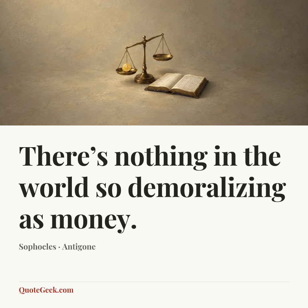 “There’s nothing in the world so demoralizing as money.” — Sophocles · Antigone. Illustrated QuoteGeek card.