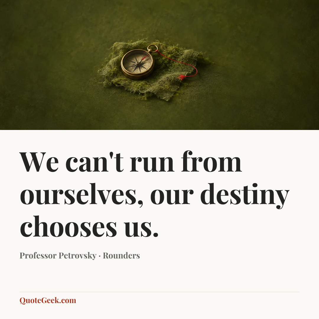 “We can't run from ourselves, our destiny chooses us.” — Professor Petrovsky · Rounders. Illustrated QuoteGeek card.