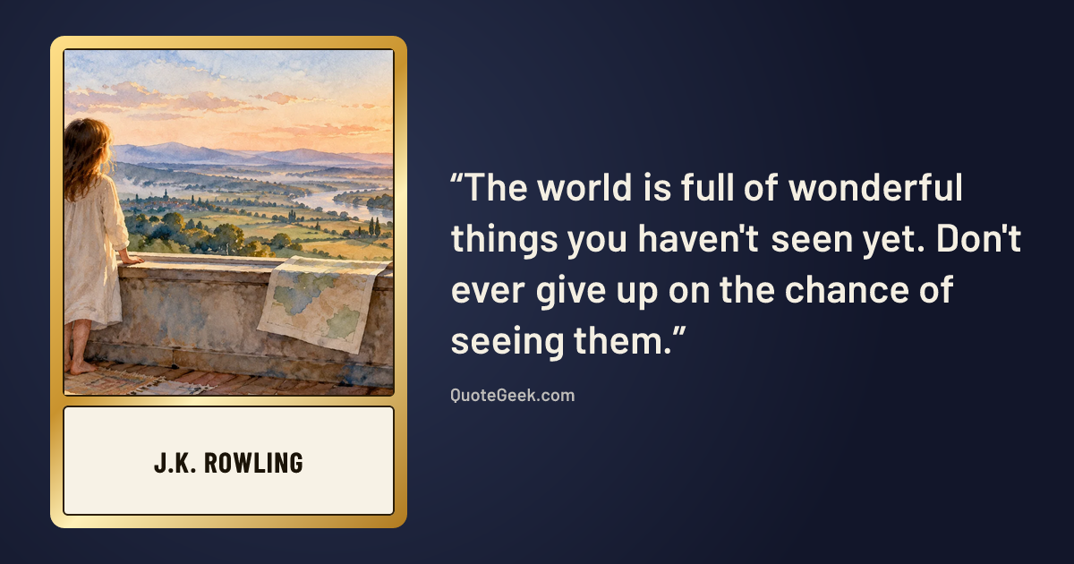 “The world is full of wonderful things you haven't seen yet. Don't ever give up on the chance of seeing them.” — J.K. Rowling. Illustrated QuoteGeek card.