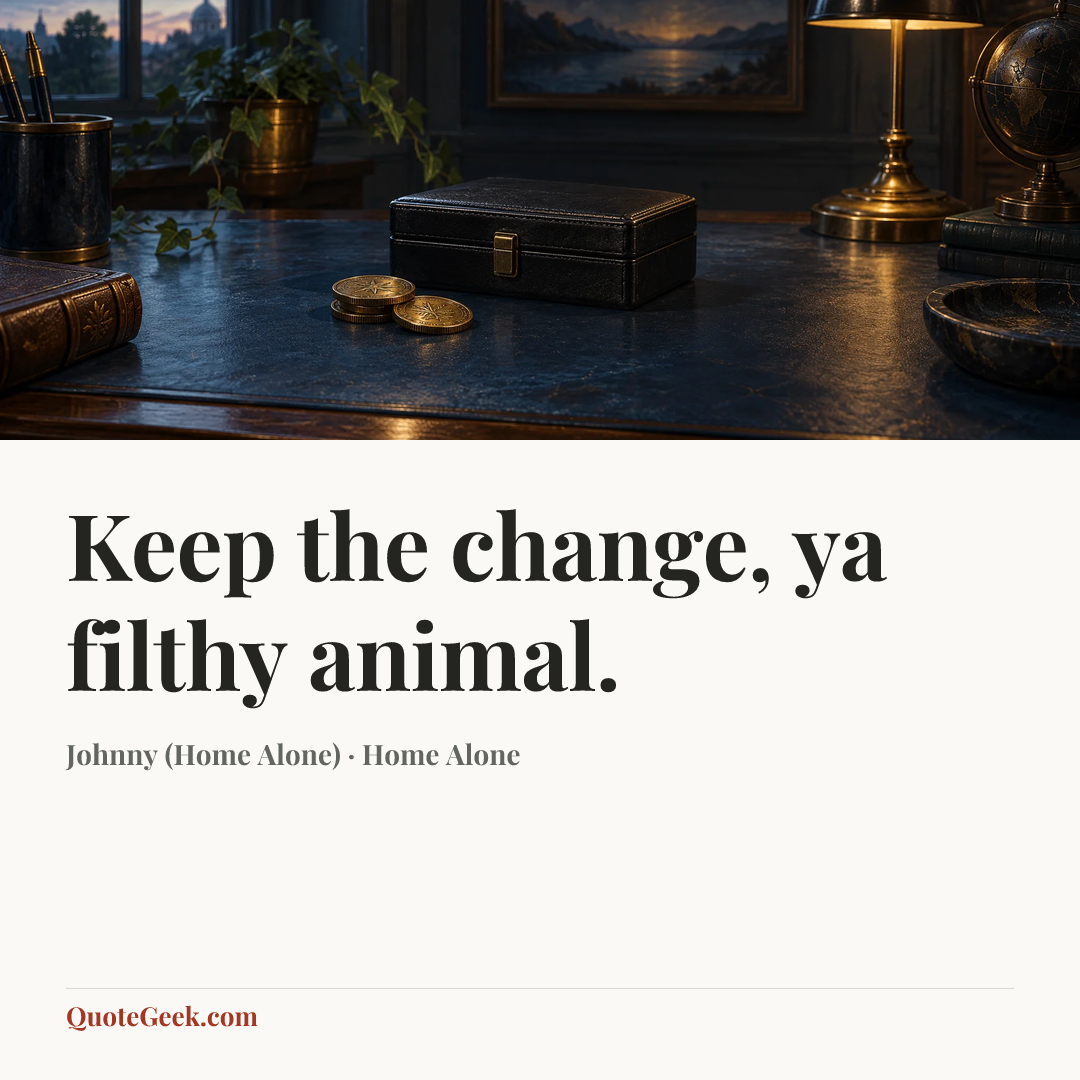“Keep the change, ya filthy animal.” — Johnny (Home Alone) · Home Alone. Illustrated QuoteGeek card.