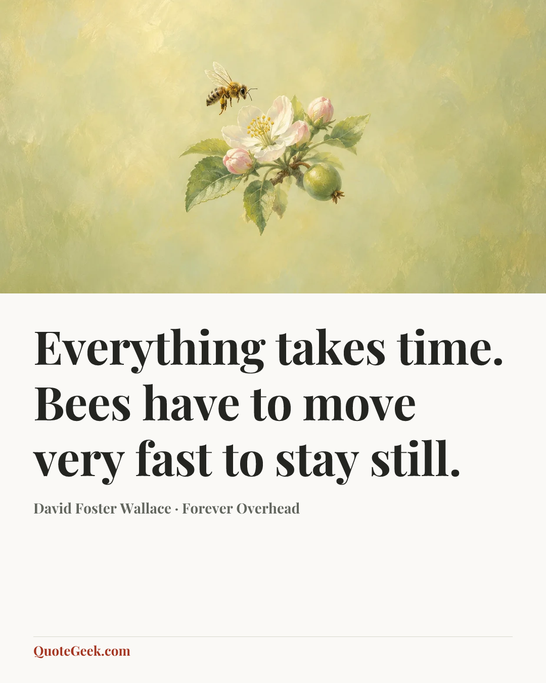 “Everything takes time. Bees have to move very fast to stay still.” — David Foster Wallace · Forever Overhead. Illustrated QuoteGeek card.
