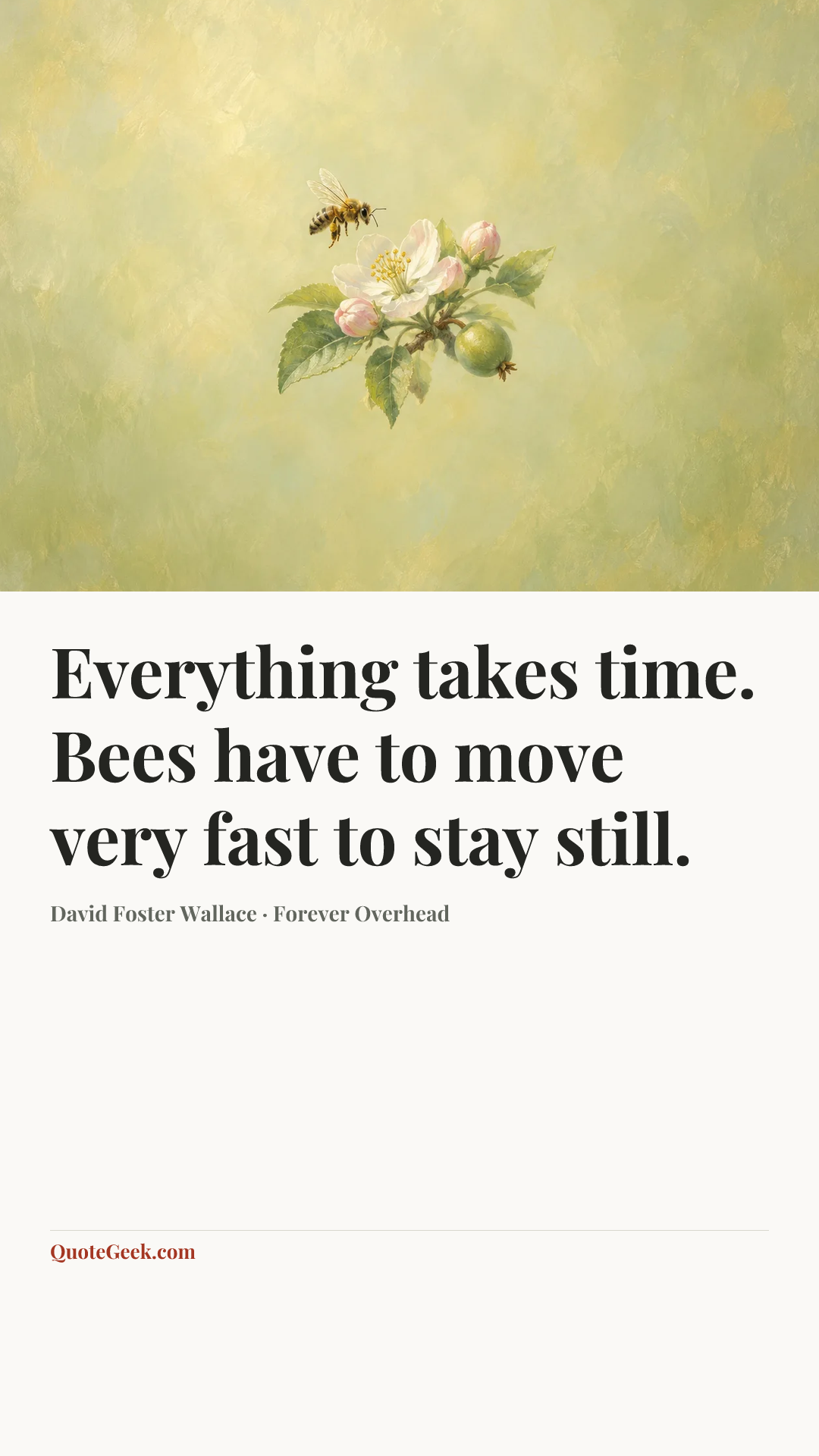 “Everything takes time. Bees have to move very fast to stay still.” — David Foster Wallace · Forever Overhead. Illustrated QuoteGeek card.
