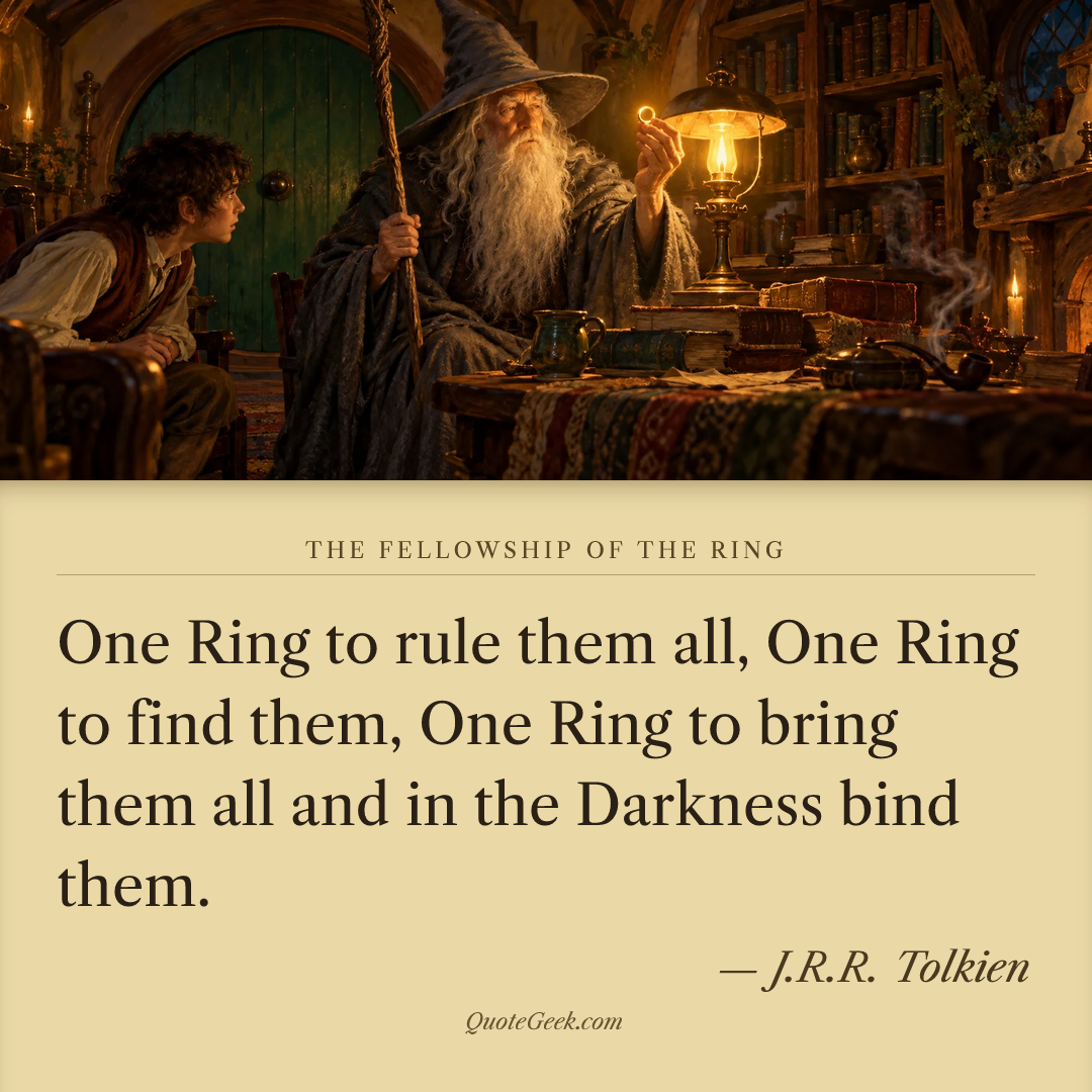 “One Ring to rule them all,
One Ring to find them,
One Ring to bring them all and in the Darkness bind them.” — J.R.R. Tolkien · The Fellowship of the Ring. Illustrated QuoteGeek card.
