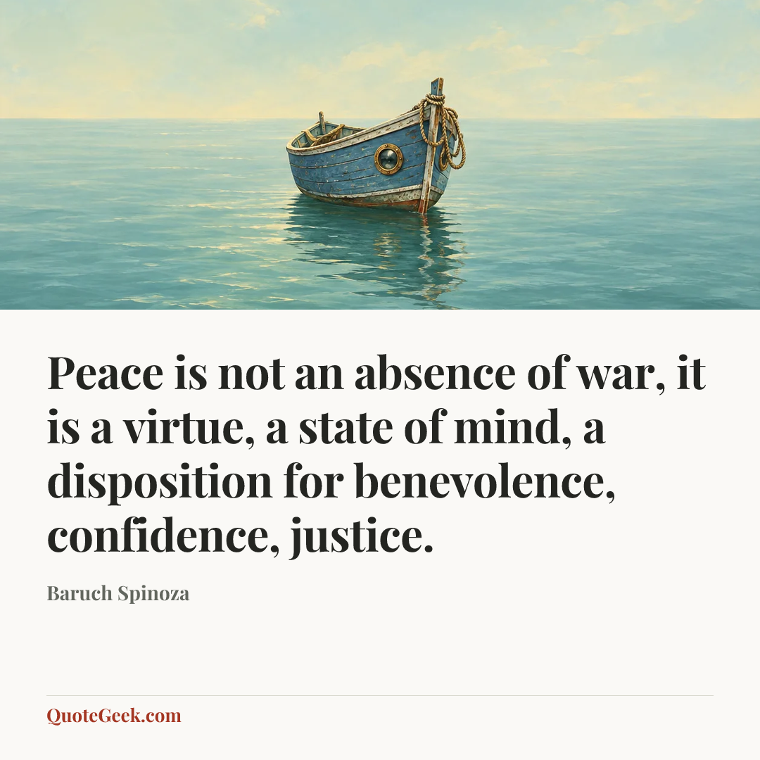 “Peace is not an absence of war, it is a virtue, a state of mind, a disposition for benevolence, confidence, justice.” — Baruch Spinoza. Illustrated QuoteGeek card.