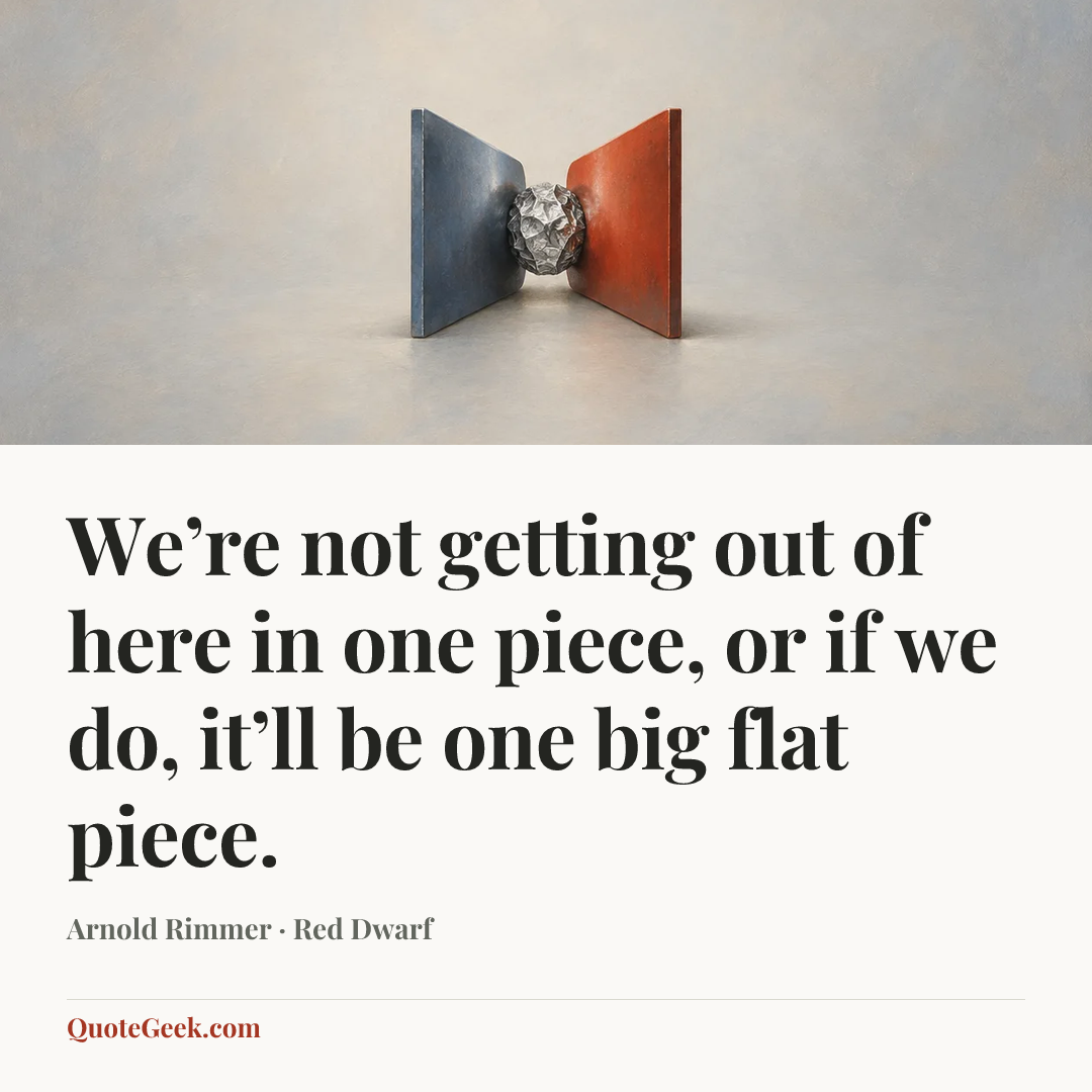 “We’re not getting out of here in one piece, or if we do, it’ll be one big flat piece.” — Arnold Rimmer · Red Dwarf. Illustrated QuoteGeek card.