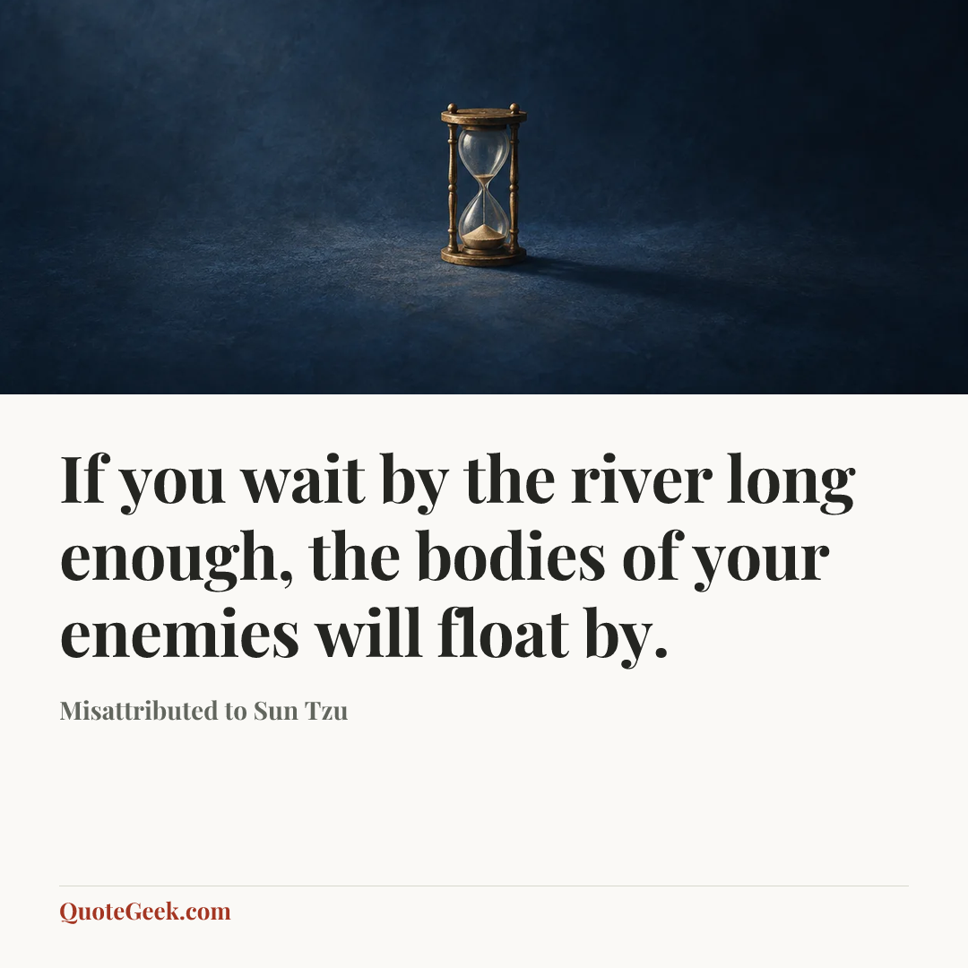 “If you wait by the river long enough, the bodies of your enemies will float by.” — Misattributed to Sun Tzu. Illustrated QuoteGeek card.