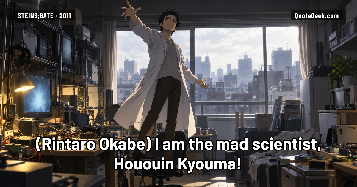 “I am the mad scientist, Hououin Kyouma!” — Rintaro Okabe · Steins;Gate. Illustrated QuoteGeek card.