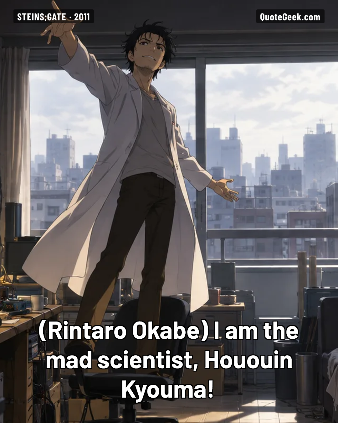“I am the mad scientist, Hououin Kyouma!” — Rintaro Okabe · Steins;Gate. Illustrated QuoteGeek card.