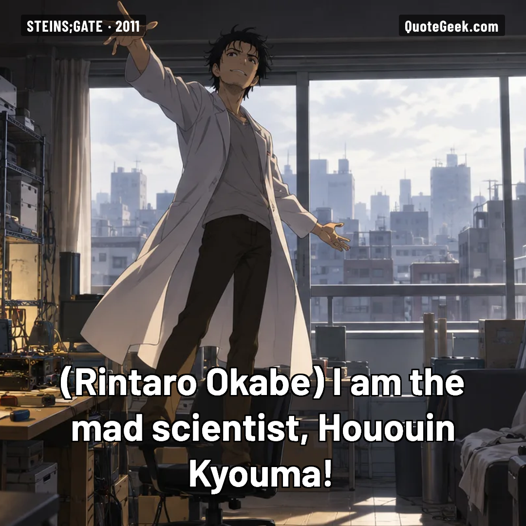 “I am the mad scientist, Hououin Kyouma!” — Rintaro Okabe · Steins;Gate. Illustrated QuoteGeek card.