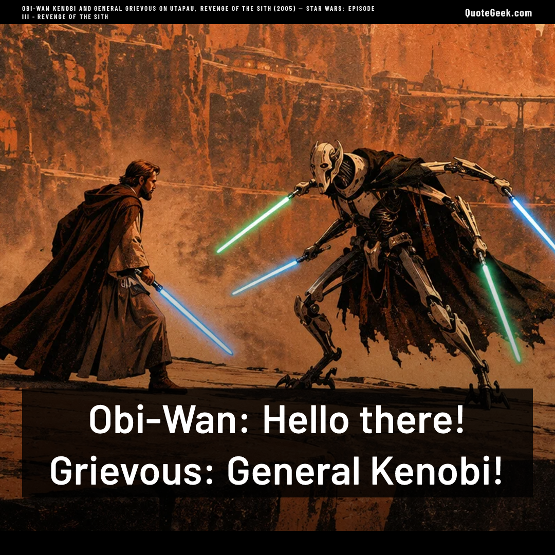 “Obi-Wan: Hello there!
Grievous: General Kenobi!” — Obi-Wan Kenobi and General Grievous on Utapau, Revenge of the Sith (2005) · Star Wars: Episode III - Revenge of the Sith. Illustrated QuoteGeek card.