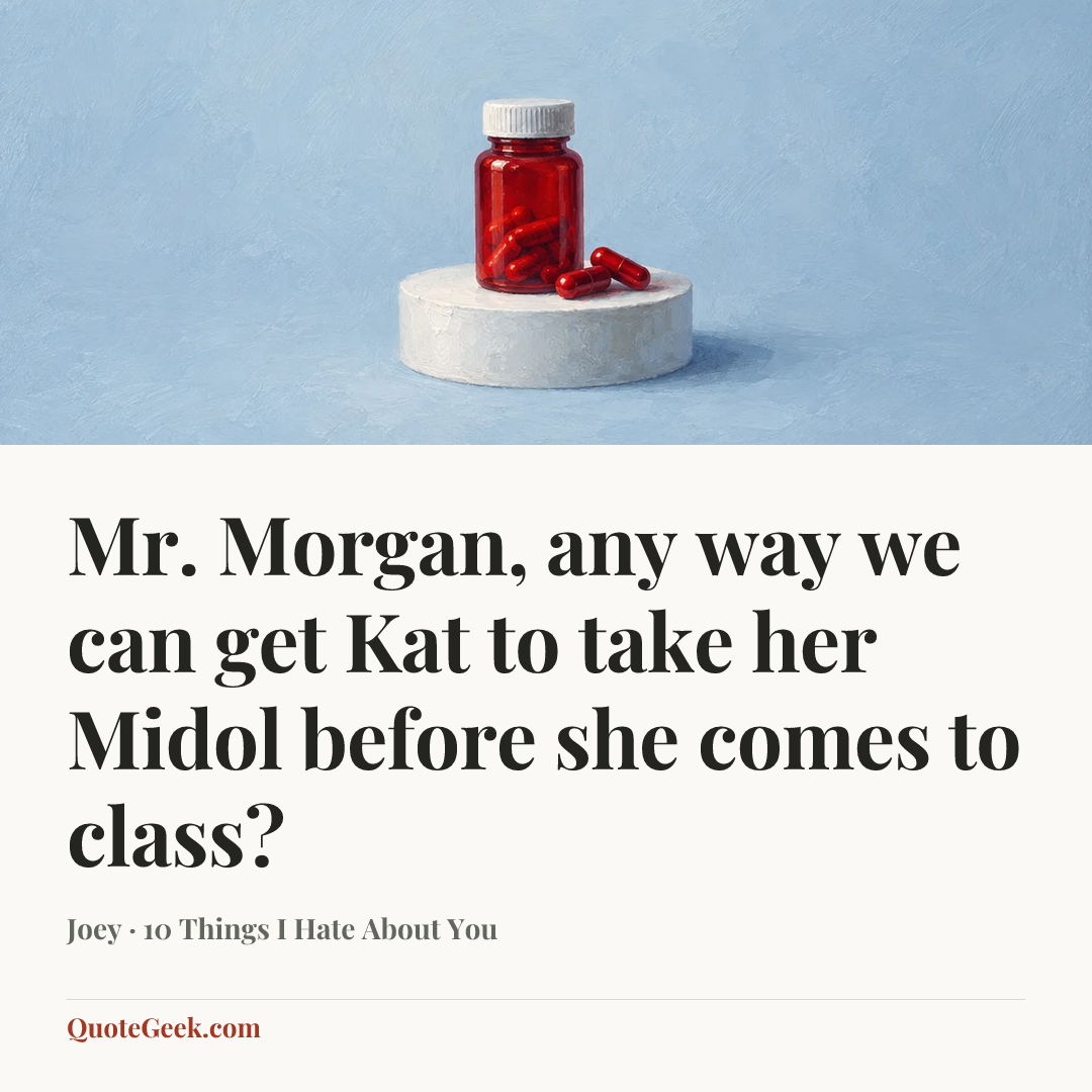 “Mr. Morgan, any way we can get Kat to take her Midol before she comes to class?” — Joey · 10 Things I Hate About You. Illustrated QuoteGeek card.