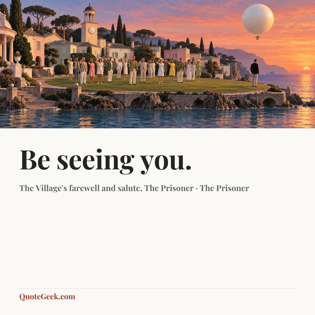 “Be seeing you.” — The Village's farewell and salute, The Prisoner · The Prisoner. Illustrated QuoteGeek card.