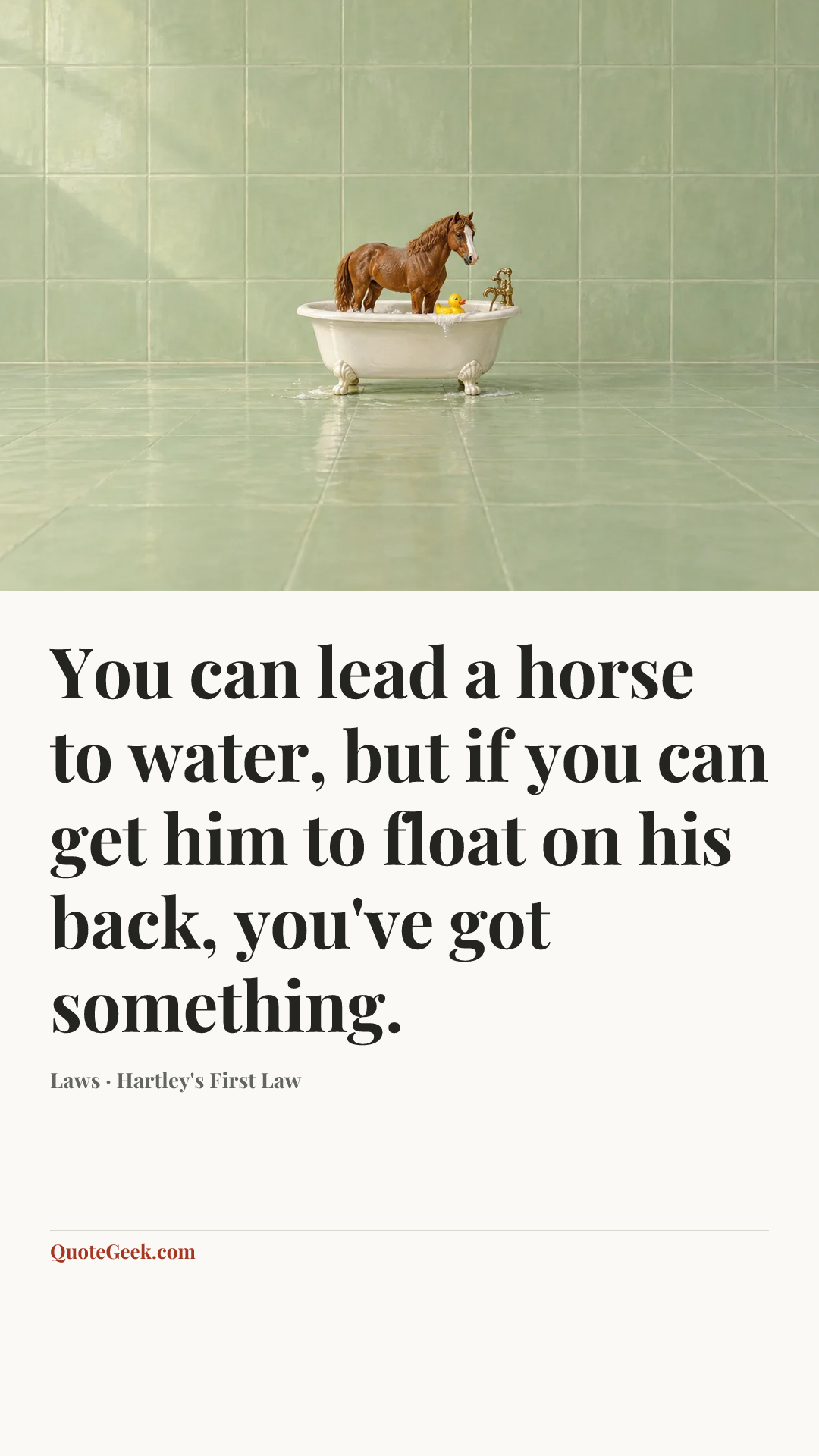 “You can lead a horse to water, but if you can get him to float on his back, you've got something.” — Laws · Hartley's First Law. Illustrated QuoteGeek card.