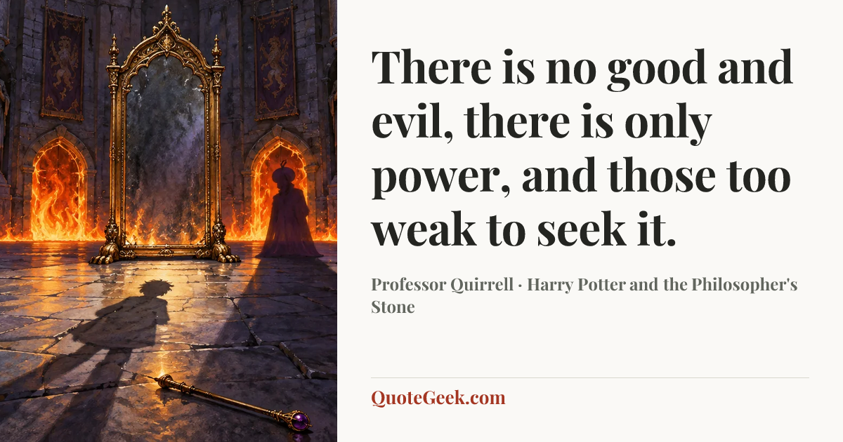 “There is no good and evil, there is only power, and those too weak to seek it.” — Professor Quirrell · Harry Potter and the Philosopher's Stone. Illustrated QuoteGeek card.