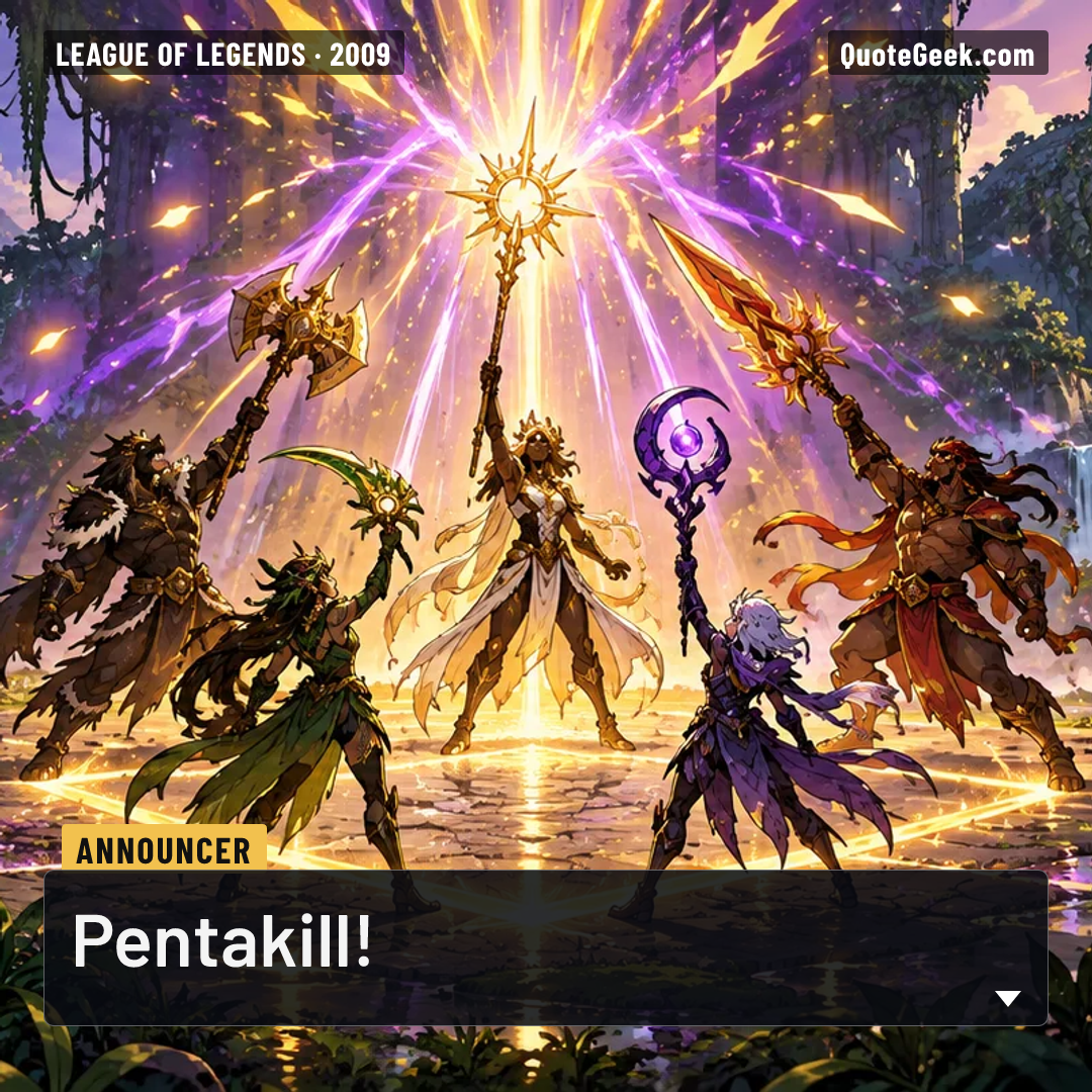 “Pentakill!” — Announcer · League of Legends. Illustrated QuoteGeek card.