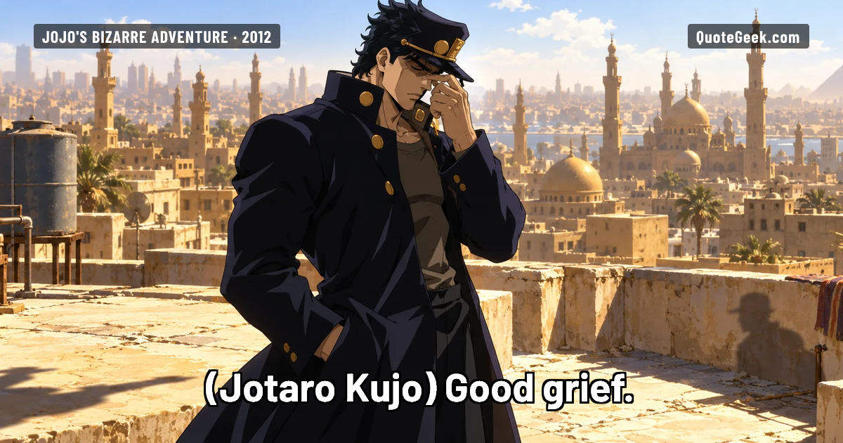 “Good grief.” — Jotaro Kujo · JoJo's Bizarre Adventure. Illustrated QuoteGeek card.