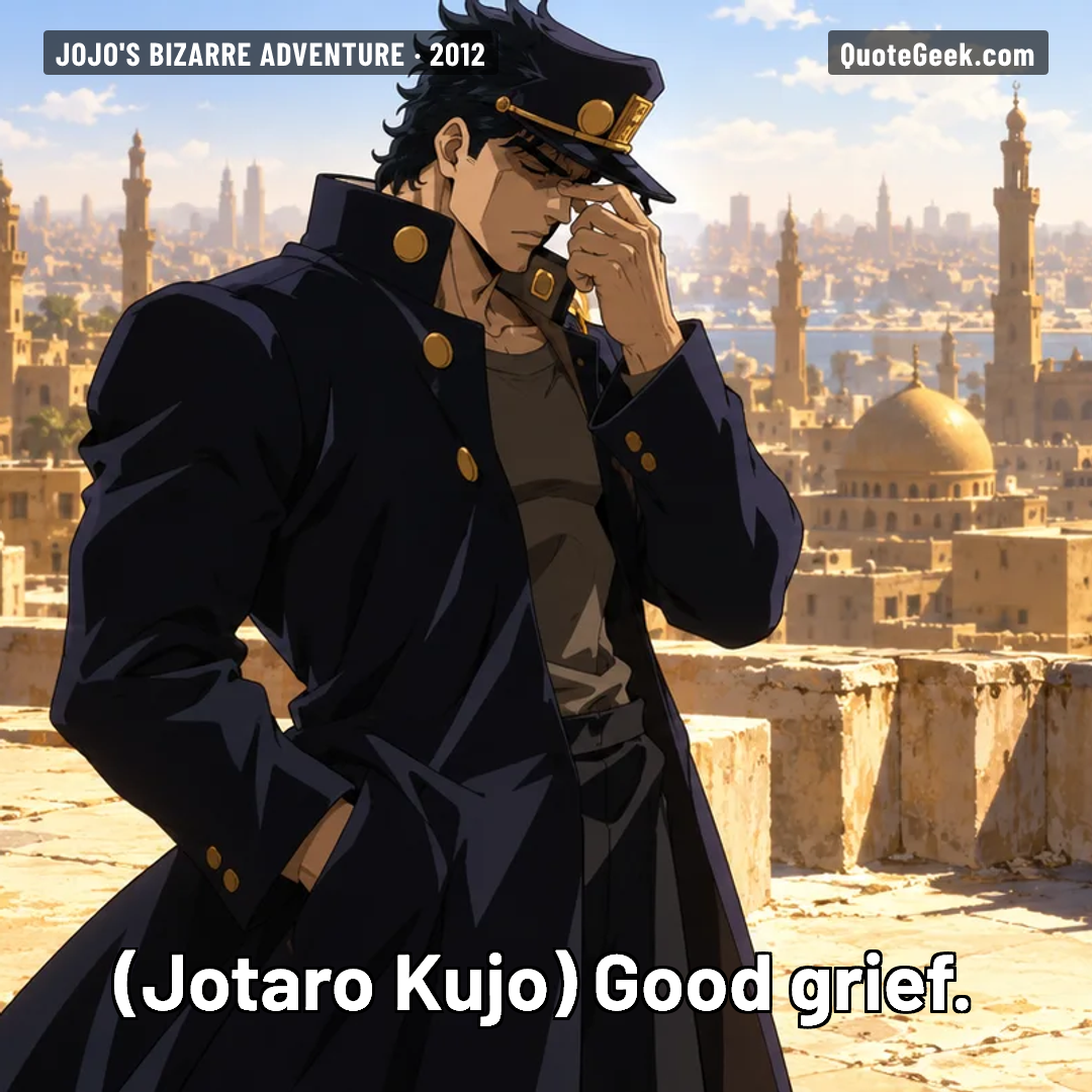 “Good grief.” — Jotaro Kujo · JoJo's Bizarre Adventure. Illustrated QuoteGeek card.
