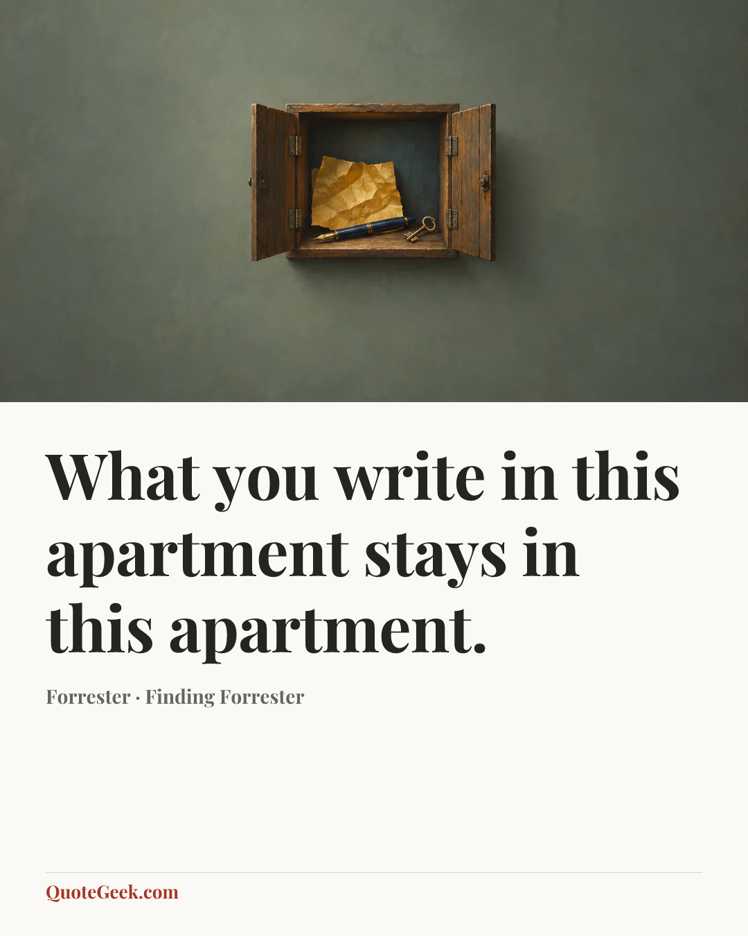 “What you write in this apartment stays in this apartment.” — Forrester · Finding Forrester. Illustrated QuoteGeek card.