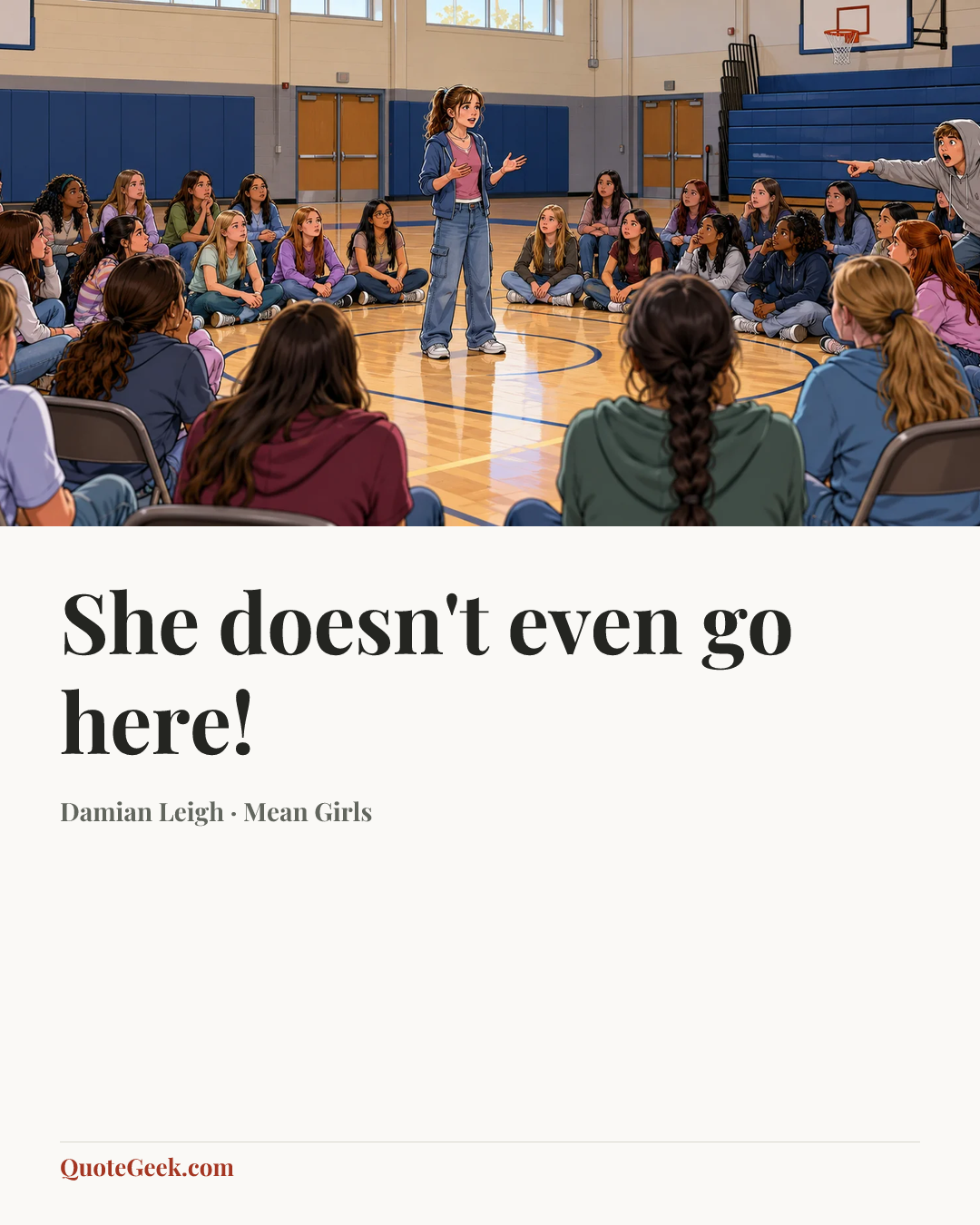 “She doesn't even go here!” — Damian Leigh · Mean Girls. Illustrated QuoteGeek card.