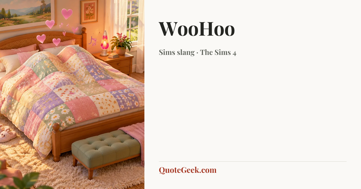 “WooHoo” — Sims slang · The Sims 4. Illustrated QuoteGeek card.