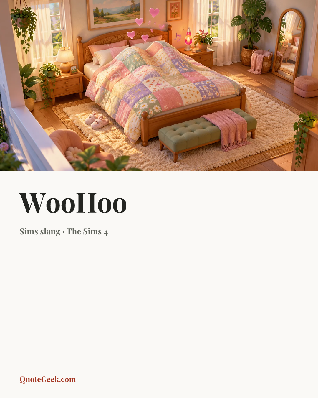 “WooHoo” — Sims slang · The Sims 4. Illustrated QuoteGeek card.