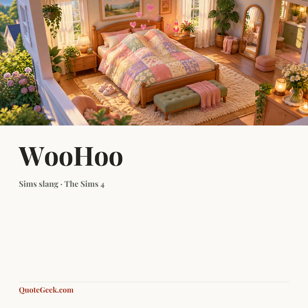 “WooHoo” — Sims slang · The Sims 4. Illustrated QuoteGeek card.
