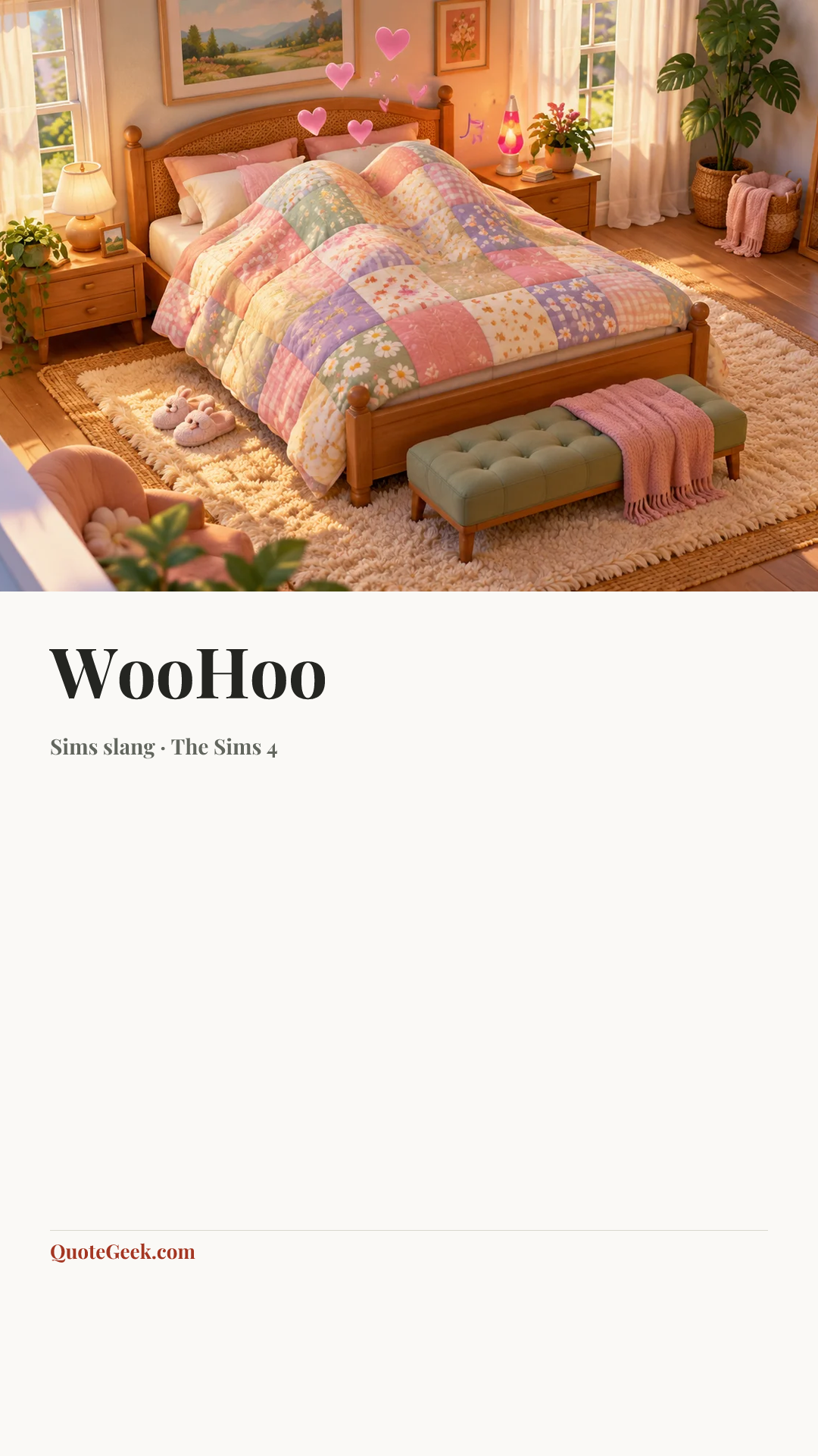 “WooHoo” — Sims slang · The Sims 4. Illustrated QuoteGeek card.