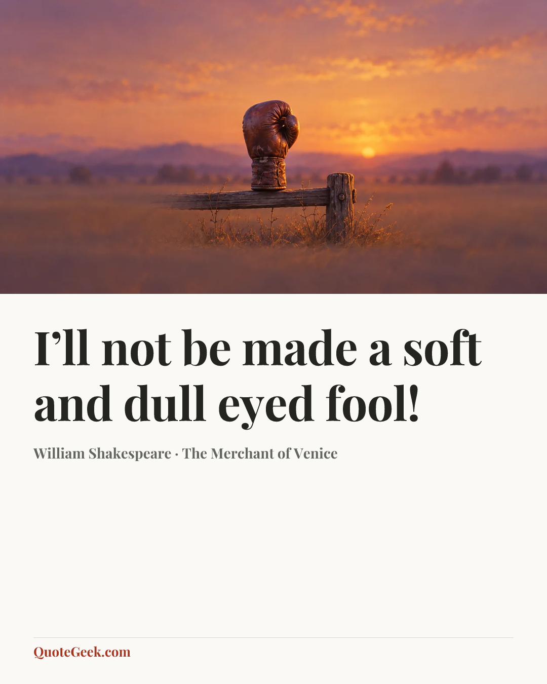 “I’ll not be made a soft and dull eyed fool!” — William Shakespeare · The Merchant of Venice. Illustrated QuoteGeek card.