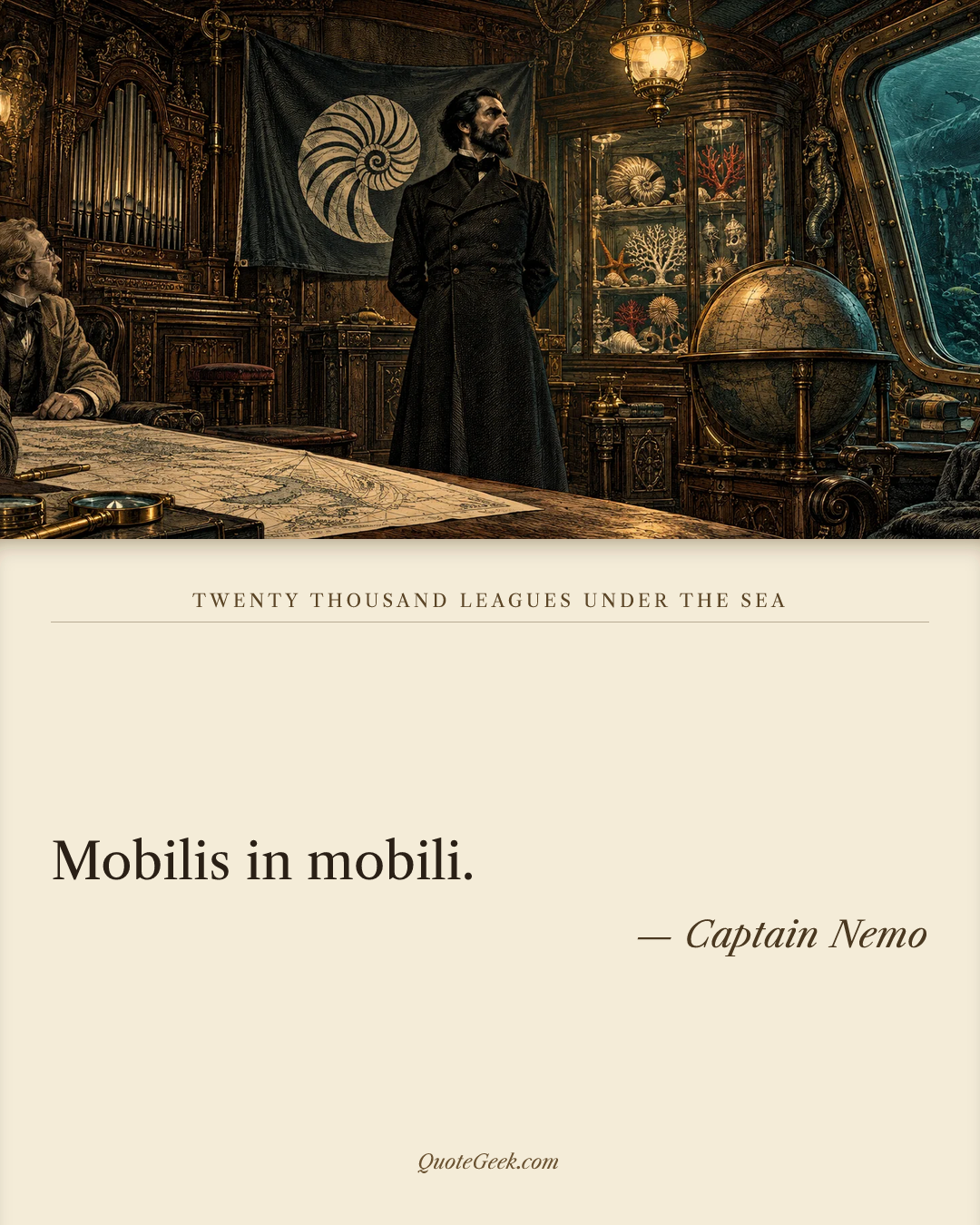 “Mobilis in mobili.” — Captain Nemo · Twenty Thousand Leagues Under the Sea. Illustrated QuoteGeek card.
