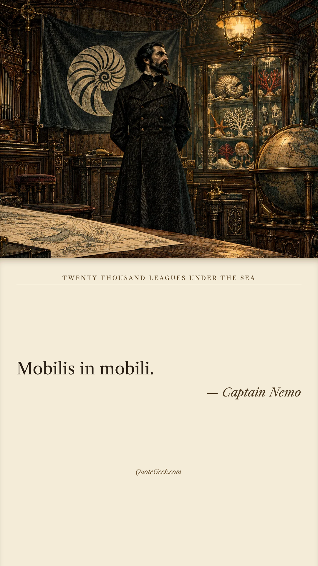 “Mobilis in mobili.” — Captain Nemo · Twenty Thousand Leagues Under the Sea. Illustrated QuoteGeek card.