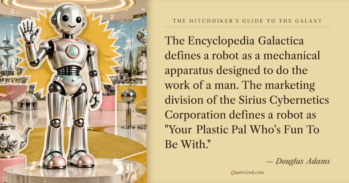 “The Encyclopedia Galactica defines a robot as a mechanical apparatus designed to do the work of a man. The marketing division of the Sirius Cybernetics Corporation defines a robot as "Your Plastic Pal Who's Fun To Be With."” — Douglas Adams · The Hitchhiker's Guide to the Galaxy. Illustrated QuoteGeek card.